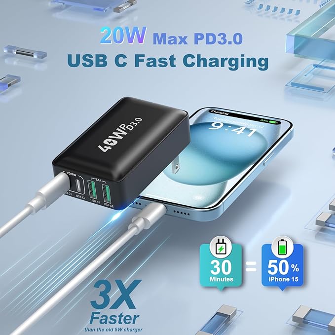 Flat USB C Charger Block, OKRAY 3-Pack 40W 4-Port QC&PD3.0 Fast Charging Brick with Foldable Wall Plug Slim Type C Android Charger Multiport Power Adapter for iPhone 16 15 14 13, Galaxy S25, Pixel 9 8