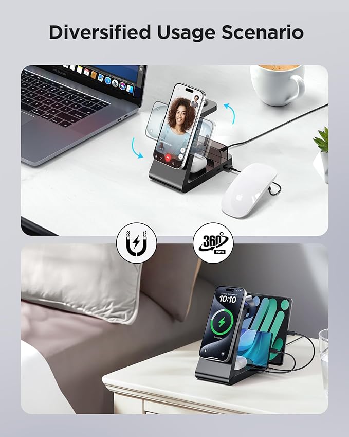 Charging Station for iPhone,5 in 1 Wireless Charger Stand Dock for Apple: Mag-Safe Charging Station for Multiple Devices Apple iPhone 16 15 14 13 12 Pro Max Plus iWatch Airpods