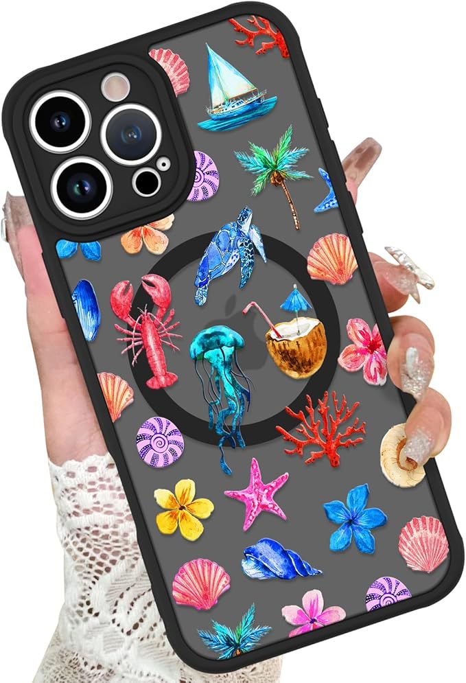KANGHAR Case for iPhone 16 Pro Max [Compatible with Magsafe] Cute Flower Floral Sea Turtles Coconuts Jellyfish Collage Summer Pattern Protective Magnetic Case for Girls Women 6.9"