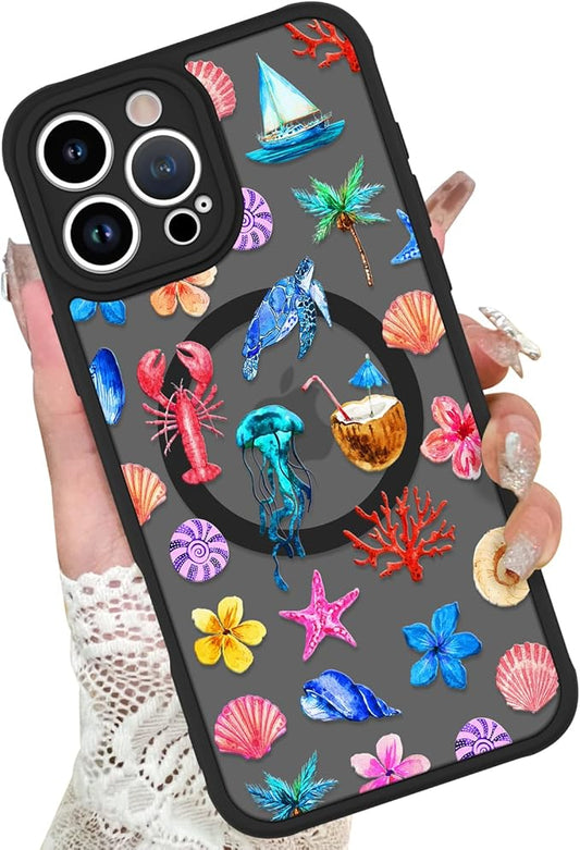 KANGHAR Case for iPhone 16 Pro Max [Compatible with Magsafe] Cute Flower Floral Sea Turtles Coconuts Jellyfish Collage Summer Pattern Protective Magnetic Case for Girls Women 6.9"