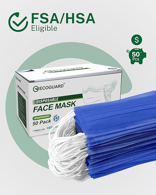 Disposable Face Masks Made in USA, 4 Ply for Families, Students, Breathable All-Day Wear & Safety, FSA HSA Eligible, ASTM Level 3 Medical Grade, 50 Pack, Royal Blue