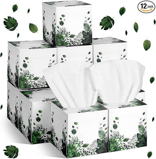 12 Pack Summer Green Tropical Leaves Facial Tissues Cube Boxes 600 Sheets 3 Ply Small Square Face Tissues Bulk for Summer Car Bedroom Supplies