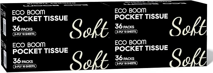 ECO BOOM Soft Pocket Tissues, Travel Size, 3-Ply, Hypoallergenic, 144 Packs, Eco-Friendly Facial Tissues for Car, Purse, and School