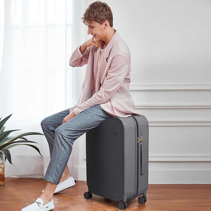 mixi 24 Inch Checked Luggage PC Hardshell Suitcases with Wheels for Travel Woman Men, Rock Gray