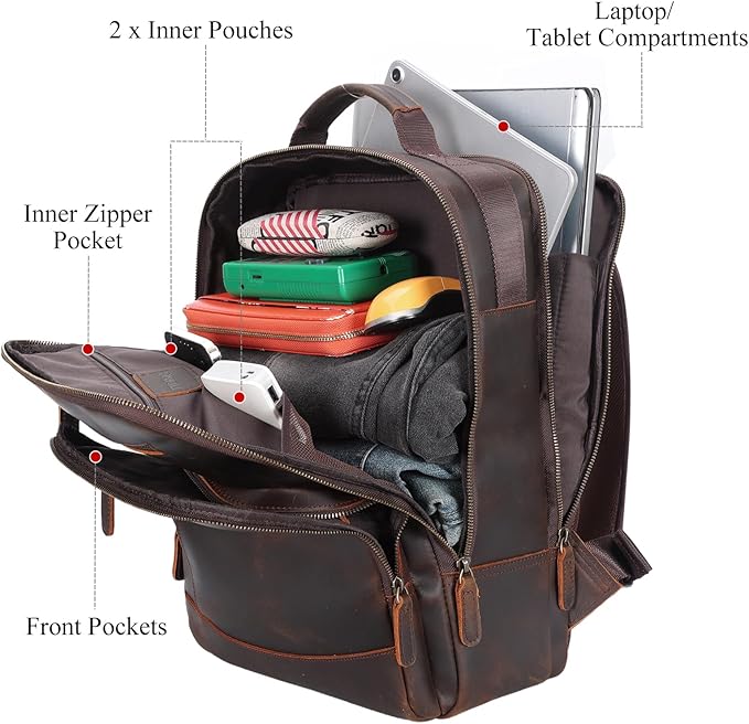TIDING Full Grain Leather Backpack for Men, Vintage 15.6 Inch Laptop Bag Casual Bookbag Work Business Daypacks