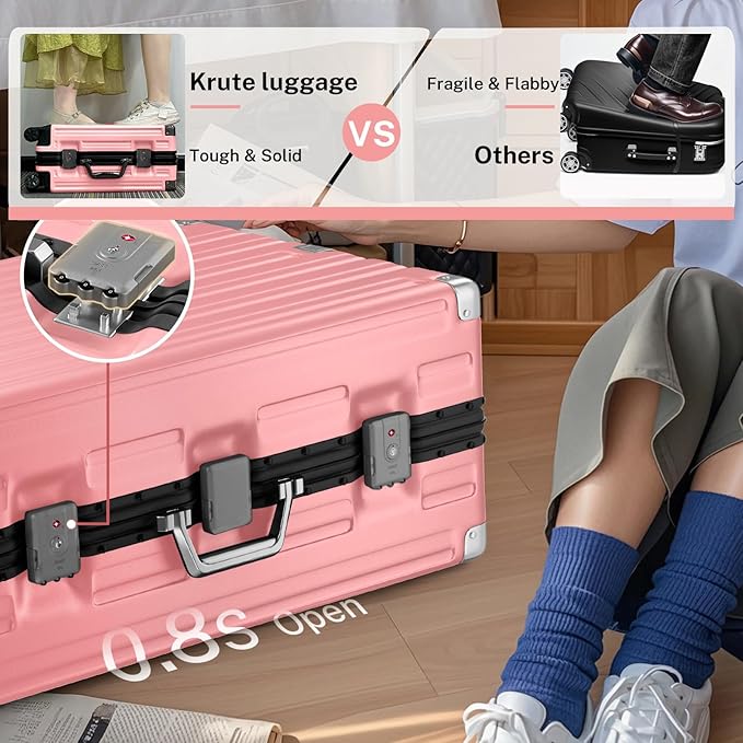Krute Luggage 24 Inch Aluminum Frame Zipperless Suitcase with Spinner Wheels Checked Luggage PC+ABS Lightweight Hardshell
