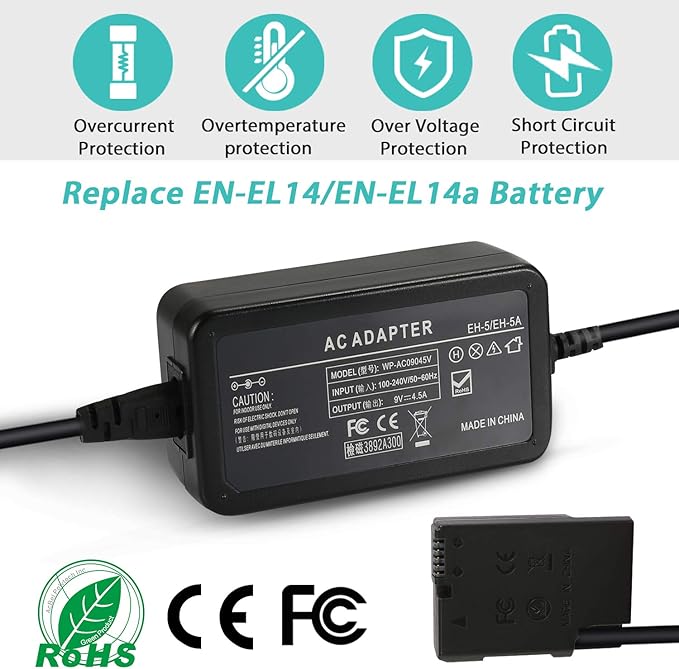 EP-5A Plus EH-5 Camera AC Power Adapter Replacement for EN-EL14 / EN-EL14A Battery for Nikon D3100 D3200 D3300 D3400 D5100 D5200 D5300 D5500 Coolpix P7000 P7100 P7700 P7800 Cameras