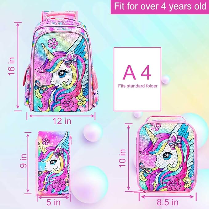 3PCS Unicorn Backpack for Girls, 16" Sequins Bookbag with Lunch Box，Kids School Bags for Elementary Preschool Kindergarten (Pink)