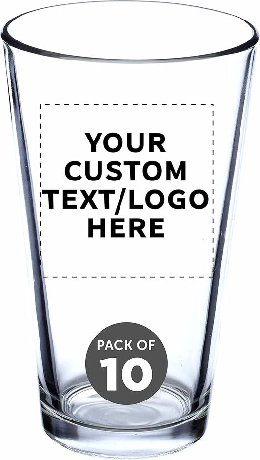 Custom Libbey Pint Glass 16 oz. Set of 10, Personalized Bulk Pack - Beer Glasses, Heavy Duty Drinkware - Clear