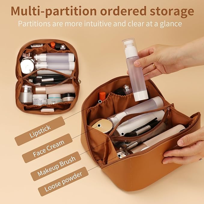 3 Pcs Travel Makeup Bag Portable Large Capacity Cosmetic Bags for Women Open Flat Makeup Case Organizer Bag Set of 3 Waterproof PU Leather Toiletry Bags with Divider and Handle (Brown, Medium)