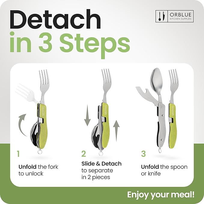 Orblue 4-in-1 Camping Eating Utensils, 2-Pack - Portable Spoon, Fork, Knife & Bottle Opener Combo Set - Stainless Steel Flatware with Detachable Fork - Travel, Backpacking Cutlery Multitool, Green