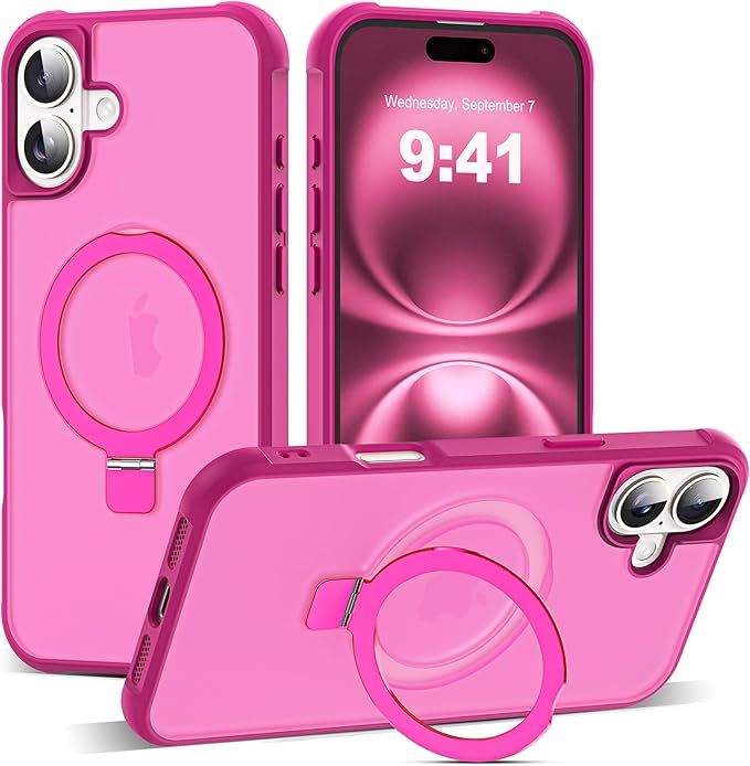Compatible with iPhone 16 Plus Case with Invisible Magnetic O-Ring Stand Military-Grade Translucent Case for iPhone 16 Plus 6.7" [Compatible with Mag-Safe][Great Grip Feeling], Rose
