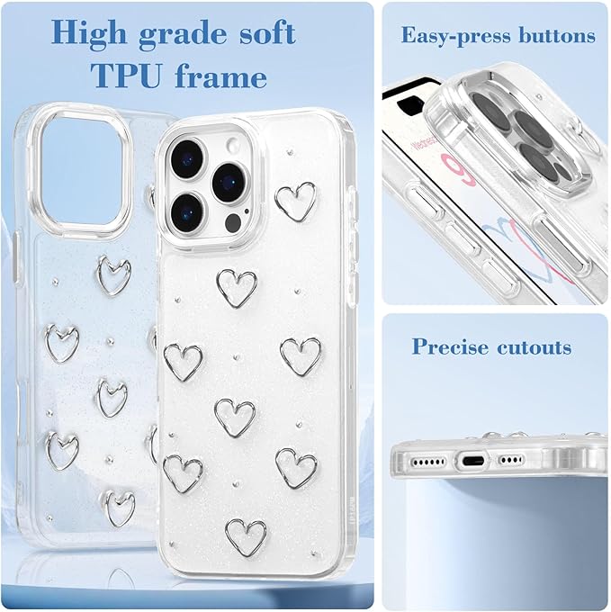 EYZUTAK Case for iPhone Air, Bling Glitter 3D Hearts Phone Case Cute Sparkly Crystal Clear Heart Aesthetic Design Cover Slim Soft Durable TPU Transparent Protective Cover for Women Girls - Heart