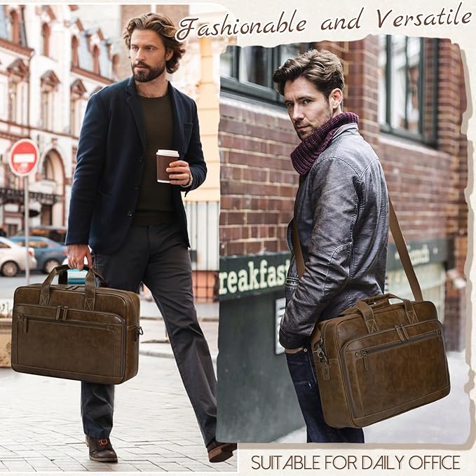 RAINSMORE Mens Laptop Bag 16 Inch Leather Briefcase Vintage Messenger Bag for Men Large Crossbody Shoulder Office Computer Bag Retro College Satchel Bag for Work, Business,Travel, Brown