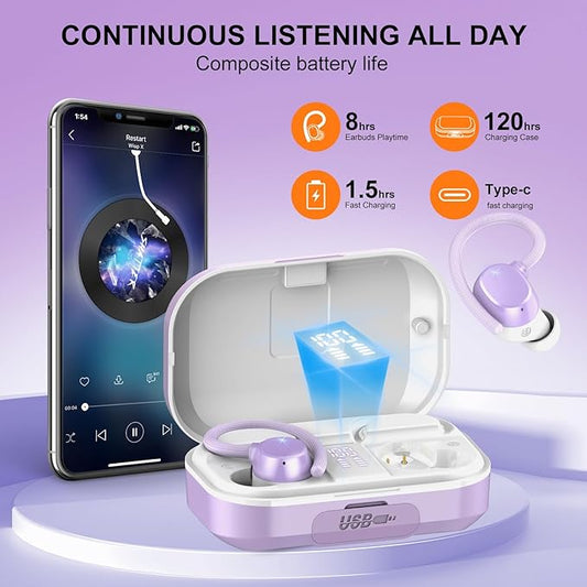 Wireless Earbuds Bluetooth Headphones 120hrs Playtime HiFi Stereo Wireless Headphones with Mic Deep Bass Earphones with Dual LED Display USB-C IP7 Waterproof Earbuds for Running Sports Purple