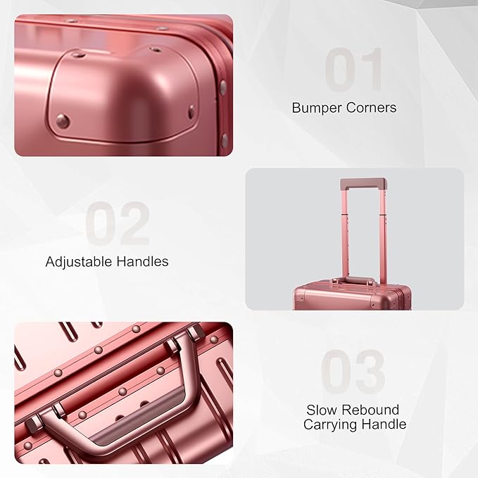 All Aluminum Carry On Luggage 22x14x9 Airline Approved，Zipperless Luggage Premium Aluminum Suitcase Luggage, Hard Shell Carry On Luggage with Spinner Wheels (rose gold, 20inch)