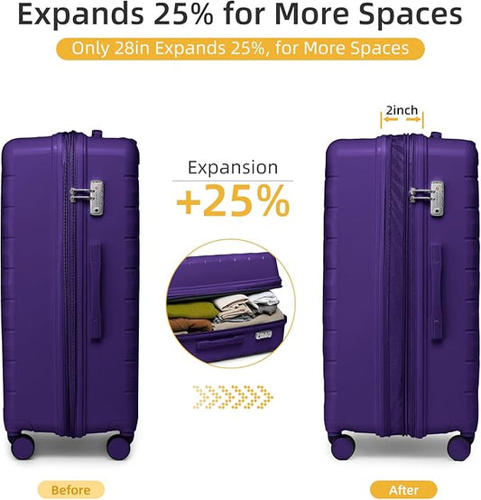 LARVENDER Luggage Sets 5 Piece with Duffel Bag Expandable(Only 28 inch) Hardside PP Carry On Luggage with 360° Spinner Wheels TSA Lock Luggage Sets for Women, Grape Purple