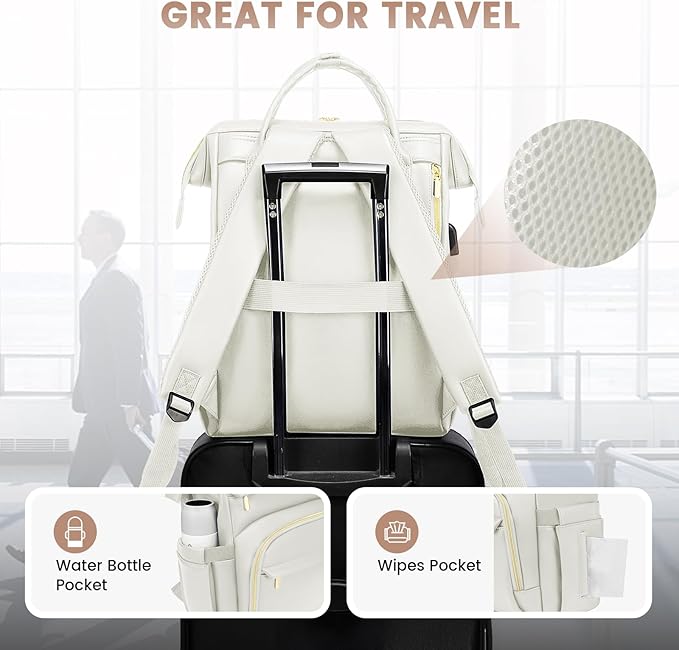 LOVEVOOK Leather Laptop Backpack for Women 17 inch,Travel Backpacks Purse Nurse Teacher Backpack Computer Laptop Bag,Professional College Business Work Bags Carry On Backpack with USB Port,Beige White