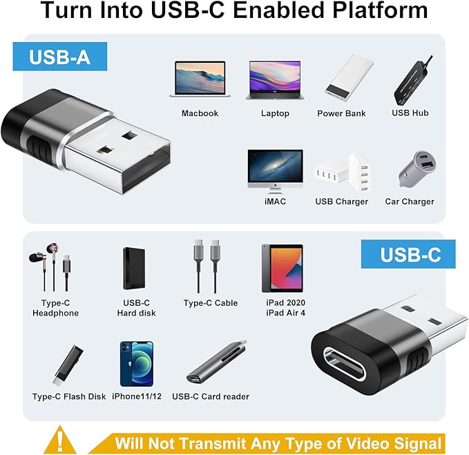 USB to USBC Adapter 6 Pack,USB A to USB C Adapter,USBA to USBC OTG Adaptor,Type C Converter for iPhone,MacBook,iPad,Car Play,Charger,Grey