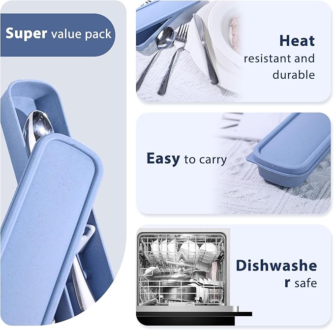 HANSGO 3PCS Portable Utensils Set with Case, Travel Cutlery Set Stainless Steel Utensils Reusable Silverware for Lunch Camping School Picnic Office Dishwasher Safe Blue