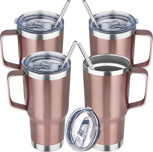 20oz Rose Gold Stainless Steel Insulated Tumbler with Handle, 4 Pack