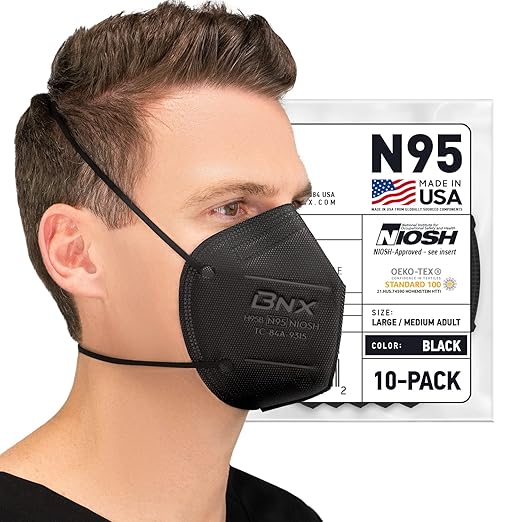 AccuMed BNX N95 Mask Black MADE IN USA Particulate Respirator Protective Face Mask (10-Pack, Approval Number TC-84A-9315 / Model H95B)