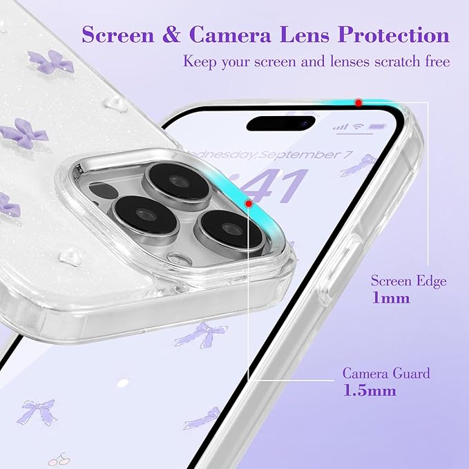 EYZUTAK Case for iPhone 15 Pro, Bling Glitter 3D Bowknot Phone Case Cute Sparkly Crystal Clear Bow Aesthetic Design Case Slim Soft Durable TPU Transparent Protective Cover for Women Girl - Purple Bow