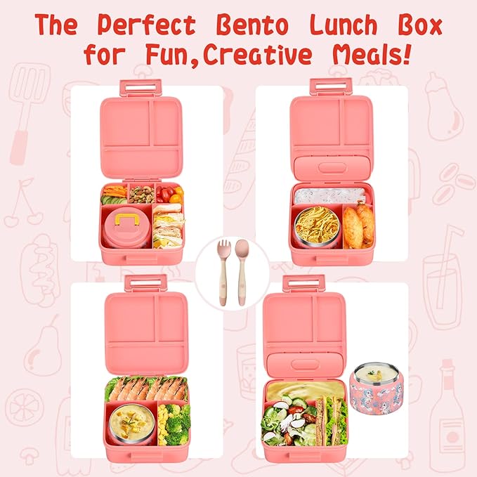 Bento Lunch Box for Kids With 8oz Soup Thermo,Leak-proof Lunch Containers with 5 Compartment,Thermos Food Jar and Lunch Bag, Food Containers for School (A-Pink(Fantasy Unicorn))
