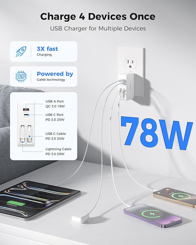 SUPERONE Retractable iPhone Charger, 4-Port USB C Charger Block, iPhone Chargers Fast Charging with USB C & Apple Cable, Wall Chargers for iPhones 17/16/15/14/13/12/11 Series, Pad, Samsung, Pixel