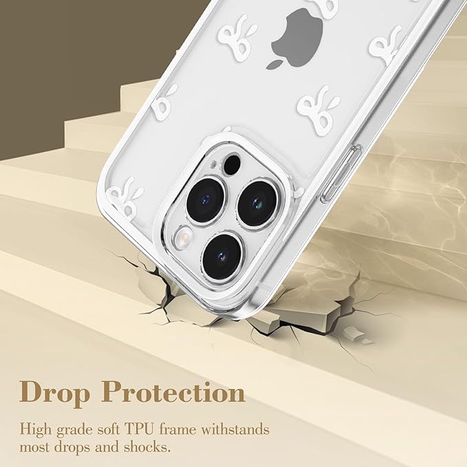 EYZUTAK Case for iPhone 14 Pro Max, Clear Cute Ribbon Bowknot Pattern Aesthetic Transparent Phone Case Raised Camera Protection Stylish Slim Soft Durable TPU Protective Cover for Women Girls - White