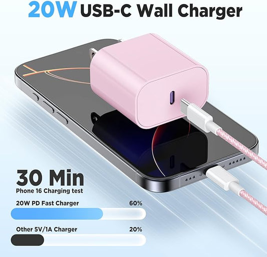 3Pack 20W USB C Wall Charger Block, USB C Charging Adapter,Super Fast Charging Power Plug Cub for iPhone 16/15,i-Pad Pro,Galaxy S25,and More-White+Pink