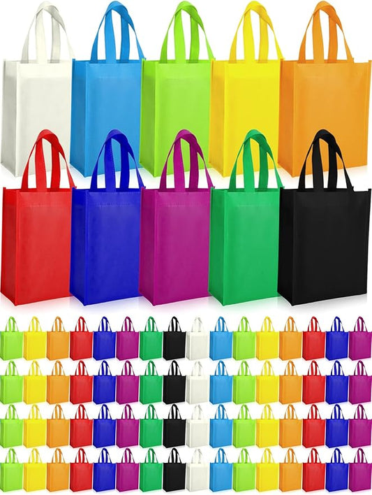 Jexine 100 Pcs Non Woven Tote Bags Large Reusable Gift Grocery Foldable Fabric Shopping Bags Multi Color Party Treat Reusable Goodie Totes with Handles for Party Holiday Favor, 14 x 10 x 4 In
