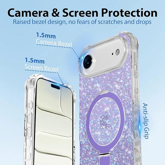 Magnetic for iPhone Air Case with Invisible Stand, Compatible with MagSafe, Clear Bling Sparkle Shockproof Slim Anti-Slip Military Drop Protection Hard Phone Case 6.5" Glitter Purple