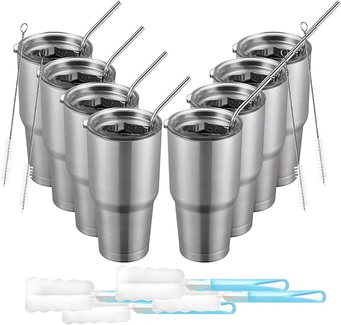 COMOOO 30 oz Stainless Steel Tumbler Bulk with Lid and Straw Insulated Tumbler Coffee Cup Durable Double Wall Vacuum Travel Coffee Mug Thermal for Hot and Cold Drinks (Silver, 8 Pack)