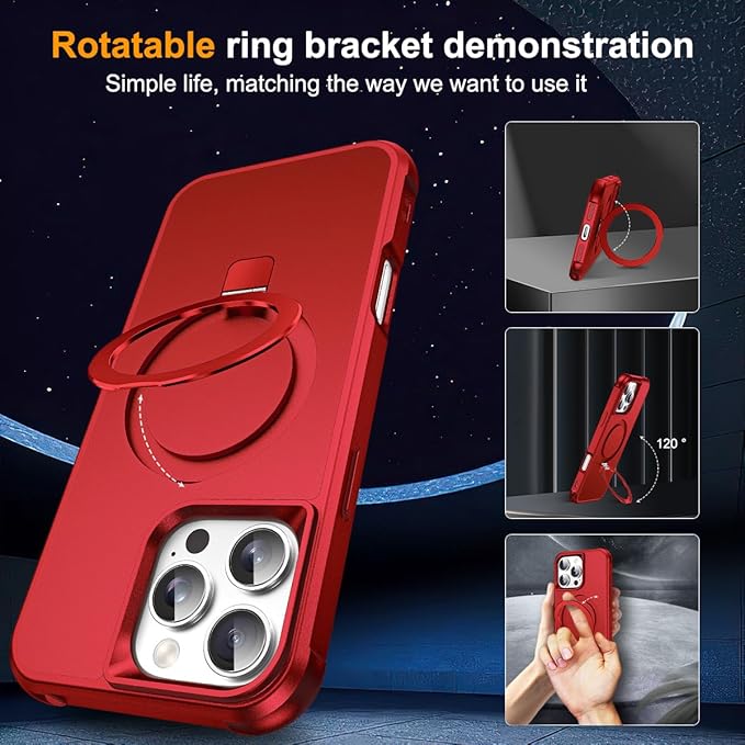 Compatible with iPhone 16 Pro Case with Invisible Magnetic O-Ring Stand Military-Grade Case for iPhone 16 Pro 6.3" [Compatible with Mag-Safe][Great Grip Feeling], Red