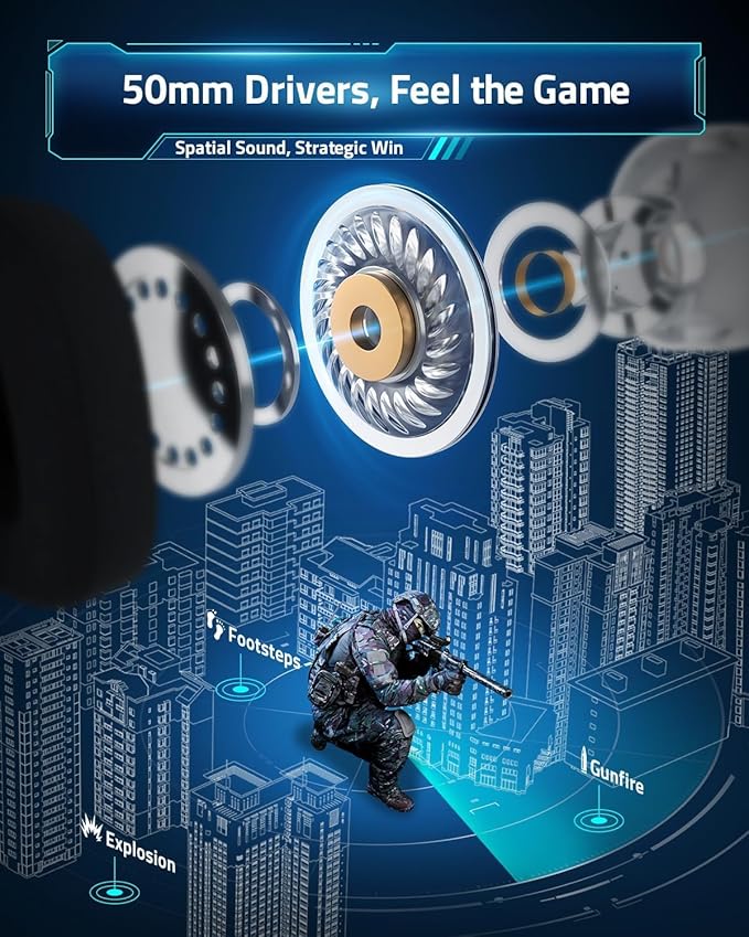 Wireless Gaming Headset for PC, PS5, PS4, Mac, Switch, Noise Cancelling Headphones with Mic, 2.4GHz Low Latency USB Dongle, Bluetooth 5.4, 50mm 3D Audio Driver, RGB Lights, 50H Battery(White)