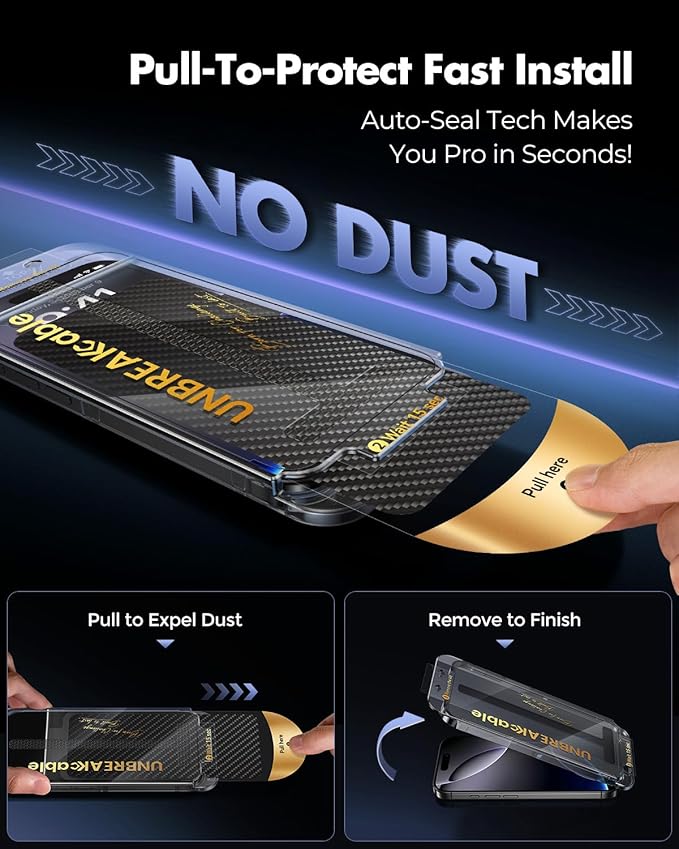 UNBREAKcable 3-Pack Screen Protector for iPhone 16 Pro Tempered Glass - [One-Pull Perfection] [Auto Dust-Elimination] [9H+ Hardness] [99.99% HD Clear] Full Coverage for iPhone 6.3 inch