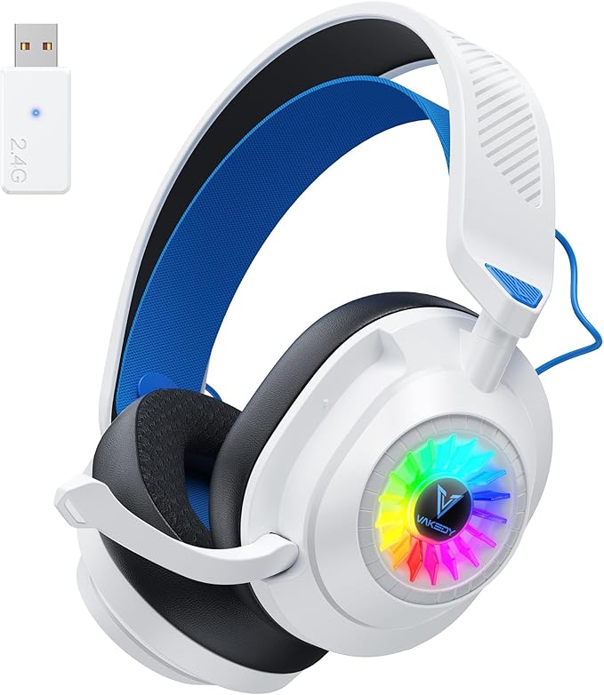HW10 Wireless Gaming Headset for PS5, PC, PS4, Switch, Noise Cancelling Over Ear Headphones with Mic, 2.4GHz Low Latency & Bluetooth, 50Hr Battery, RGB Light(White/Blue)