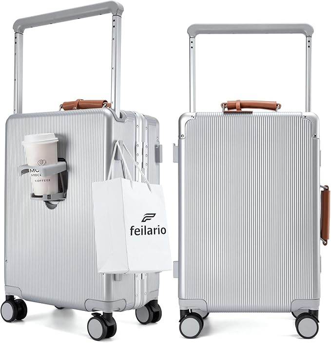 feilario 20'' Aluminum Frame Wide Handle PC Hardside Carry On Luggage - Double Spinner Wheels Luxury Rolling Travel Suitcase with TSA Lock & Cup Holder