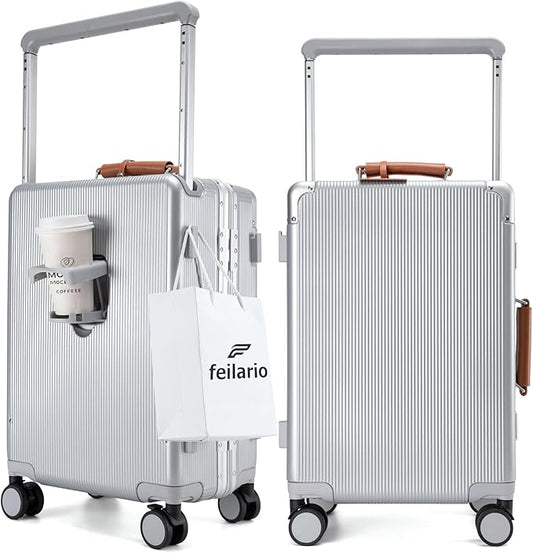 feilario 20'' Aluminum Frame Wide Handle PC Hardside Carry On Luggage - Double Spinner Wheels Luxury Rolling Travel Suitcase with TSA Lock & Cup Holder