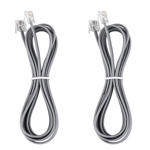LanSenSu RJ12 Cable Phone Cord RJ12 6P6C Male to Male Straight Wired for Both Data and Voice Use - 2Pack (Silver, 6.6FT)