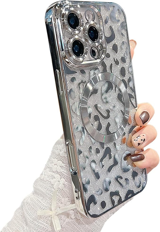 for iPhone 16 Pro Case Magnetic,Soft Cute Luxury Leopard Cheetah Pattern Plating Glitter Bling Phone Case Compatible with MagSafe Clear Shockproof Back Cover for Women Girl 6.3"-Silver