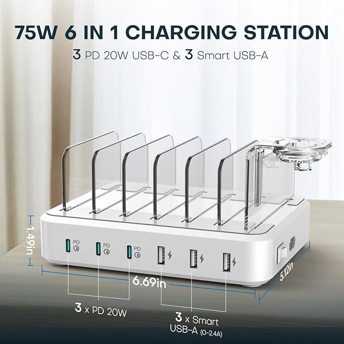 Charging Station for Multiple Devices,75W 6 Port Multi USB C Fast Charger Station with 7 Mixed Charging Cables,USB Charging Dock Compatible with iPhone, Samsung, iPad, Tablet and More