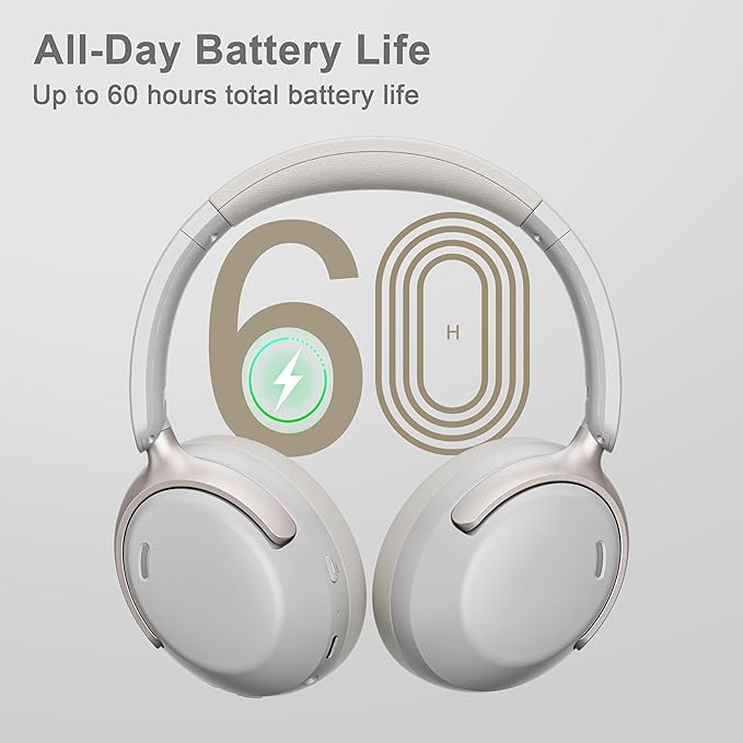 LORELEI QC30 Hybrid Active Noise Cancelling Headphones, 60H Playtime, Built-in Mic, Wireless Over Ear Headsets with Case,Bluetooth 5.4,Deep Bass Comfort Fit Soft-Earpads Fast Charging -White Smoke