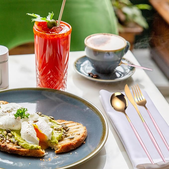 AARAINBOW 8 Pieces Stainless Steel Flatware Set Portable Reusable Cutlery Set Travel Utensils Set Including Chopsticks Knife Fork Spoon Straws Cleaning Brush Dishwasher Safe (Pink Golden)