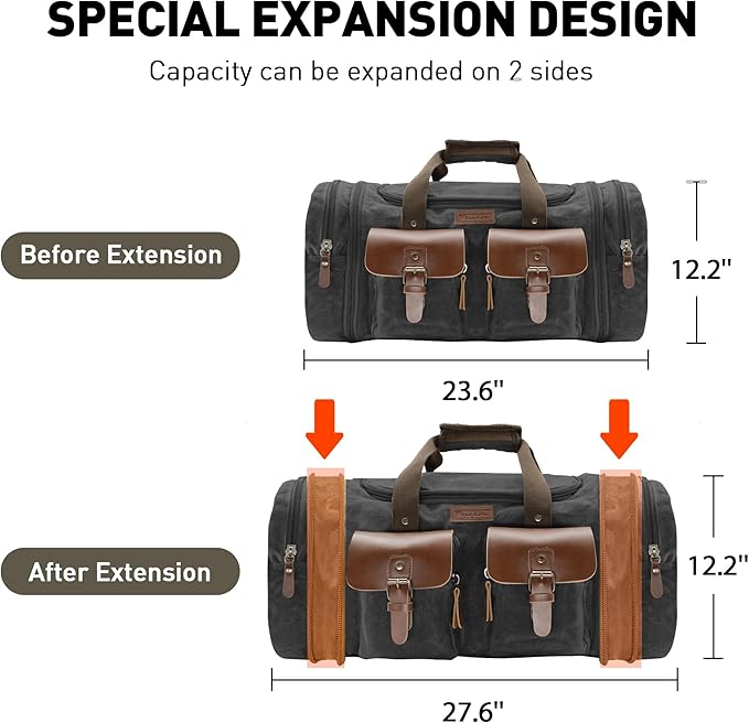 Wildroad 60L Travel Duffel Bag, Expandable Waxed Canvas Genuine Leather Duffle Bag Upgraded Overnight Weekender Bag Carry on Bag (Vintage Black, X Large-60L)