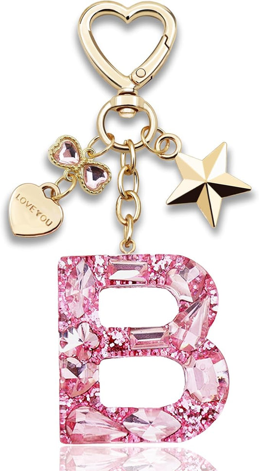 Glitter Initial Letter Keychain Gift for Women Cute Pink Resin Keychains for Bag