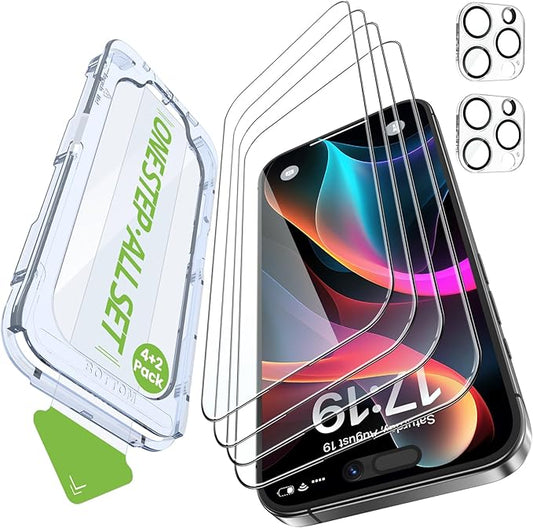 iGluz 4 Pack for iPhone 15 Pro Max Screen Protector with 2-Pack Camera Lens Protector[99.99%HD Clear][9H Tempered Glass][Bubble Free][Easy Installation][Smooth Touch][Anti-fingerprint],4+2 Protection