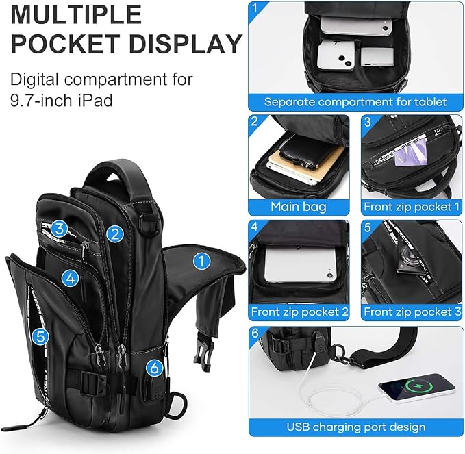 Small Black Sling Crossbody Bag for Men Women, Tactical Backpack Shoulder Daypack Mini Anti-Theft Motorcycle Chest Bags, Small One Strap Backpack for Casual Travel Hiking Outdoor Sports School