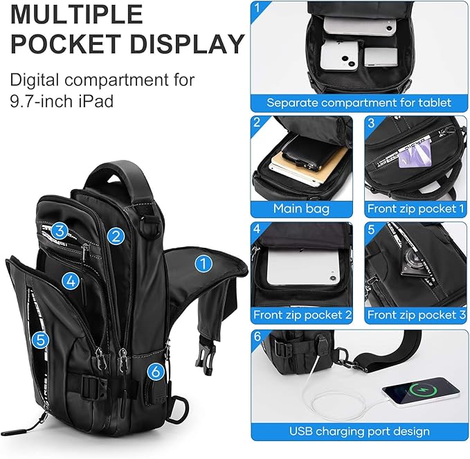 Large Black Sling Bag for Men Women, Mini Anti Theft One Strap Motorcycle Sling Backpack, Small Sling Chest Bag Daypack Crossbody Backpack with Usb Port for Casual Travel Hiking Gym Outdoor Sports